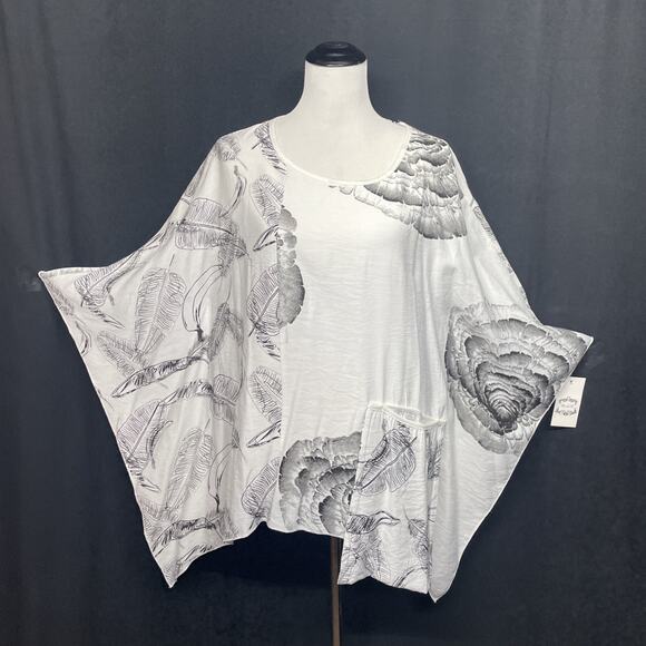 NWT Fleur De Lis Womens Med Top Oversized Black & White Flowy Lagenlook Pocket - Picture 2 of 11